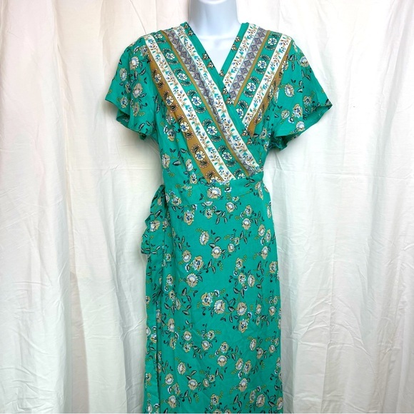 Zesica Dresses & Skirts - Zesica Teal Bohemian Floral Maxi Wrap Summer‎ Dress RuffleBottom Rayon Sz.Large